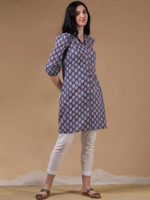 Navy 3/4th puff sleeve block print a-line kurtas 3