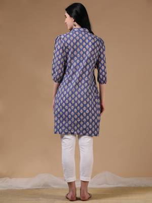 Navy 3/4th puff sleeve block print a-line kurtas 4