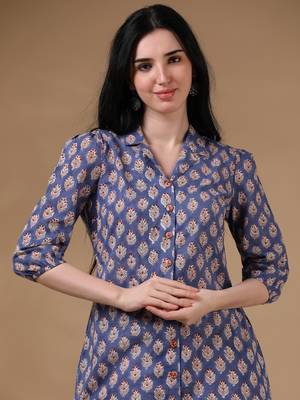 Navy 3/4th puff sleeve block print a-line kurtas 5