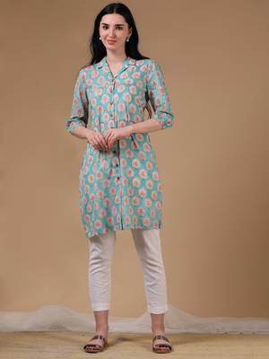 Light green 3/4th regular sleeve block print a-line kurtas 1
