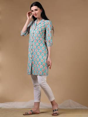 Light green 3/4th regular sleeve block print a-line kurtas 2