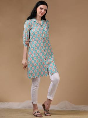 Light green 3/4th regular sleeve block print a-line kurtas 3