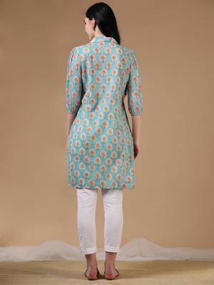 Light green 3/4th regular sleeve block print a-line kurtas 4