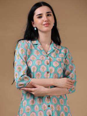 Light green 3/4th regular sleeve block print a-line kurtas 5