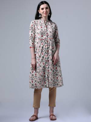 Cream 3/4th regular sleeve traditional motifs a-line kurta 1