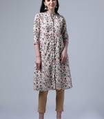 Cream 3/4th regular sleeve traditional motifs a-line kurta