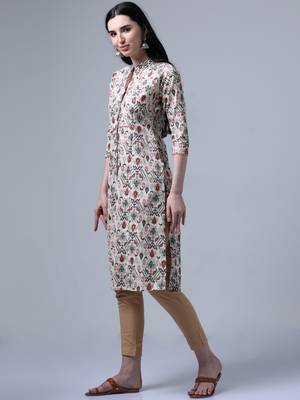 Cream 3/4th regular sleeve traditional motifs a-line kurta 2
