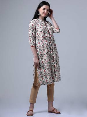 Cream 3/4th regular sleeve traditional motifs a-line kurta 3