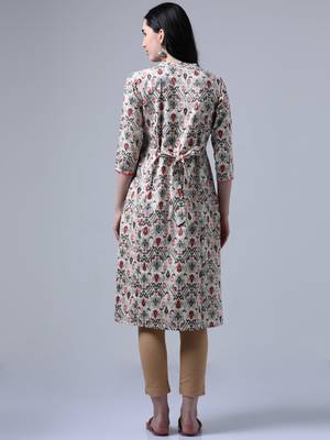 Cream 3/4th regular sleeve traditional motifs a-line kurta 4