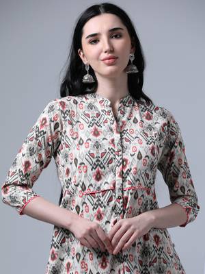 Cream 3/4th regular sleeve traditional motifs a-line kurta 5