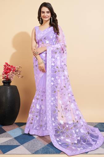   Lavender Soft Net Embroidery   Saree With Mono Banglory Blouse