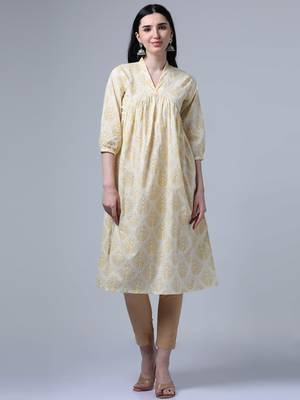 Cream 3/4th sleeves casual wear kurta 1
