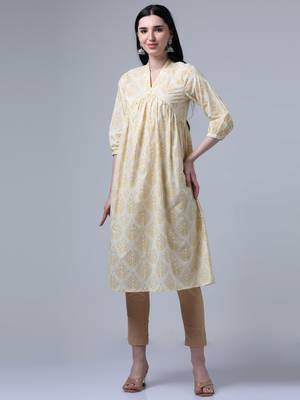 Cream 3/4th sleeves casual wear kurta 2