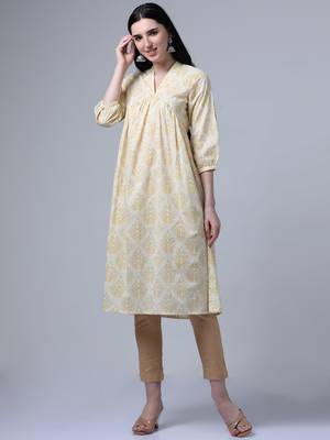 Cream 3/4th sleeves casual wear kurta 4