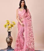   Peach Soft Net Embroidery   Saree With Mono Banglory Blouse