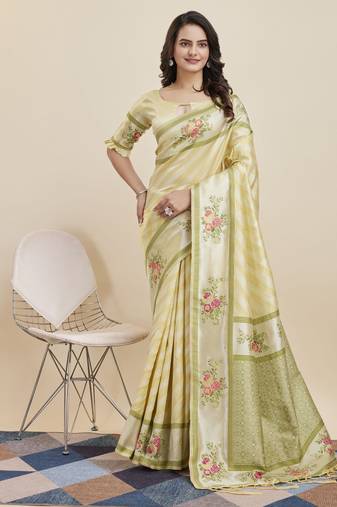 Lemon Banarasi Weaving silk Saree & Banarasi silk blend Blouse