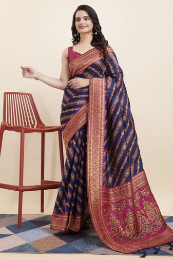 Navy Blue Banarasi Weaving silk Saree & Banarasi silk blend Blouse