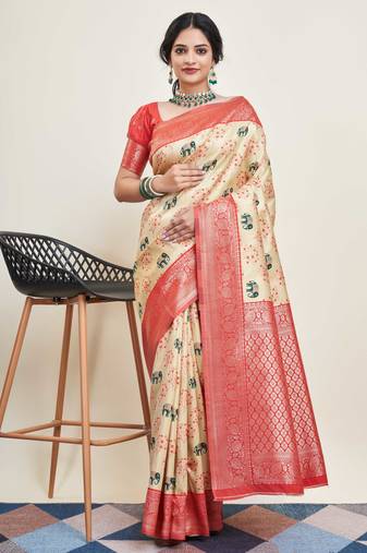 Cream Banarasi Weaving silk Saree & Banarasi silk blend Blouse