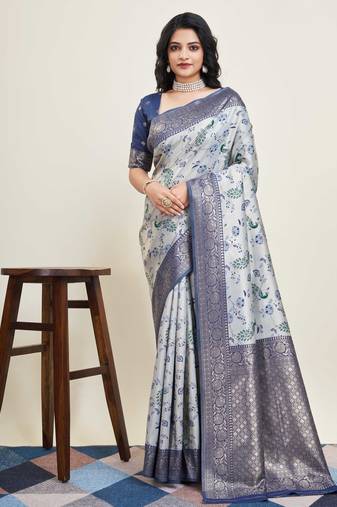 Grey Banarasi Weaving silk Saree & Banarasi silk blend Blouse