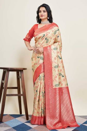 Cream Banarasi Weaving silk Saree & Banarasi silk blend Blouse