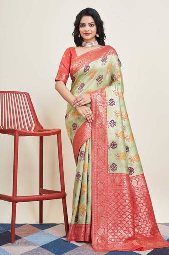 Olive Banarasi Weaving silk Saree & Banarasi silk blend Blouse