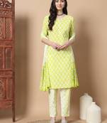 Green floral,piping on yoke straight kurta trouser and dupatta set