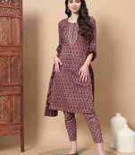  mauve thread work printed cotton kurta dupatta set