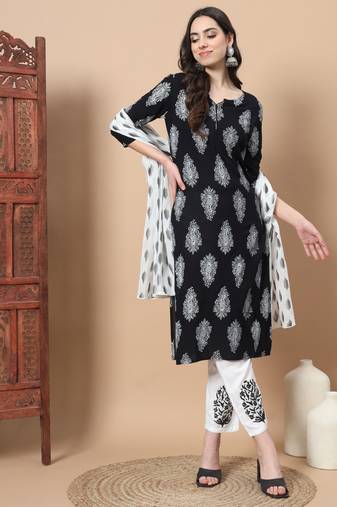  black paisley print rayon kurta with hand block print palazzo & dupatta
