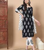  black paisley print rayon kurta with hand block print palazzo & dupatta