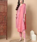  pink ethnic motifs cotton kurta dupatta set