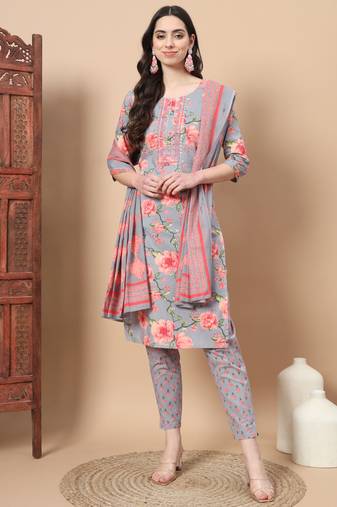  blue ethnic motifs cotton kurta dupatta set