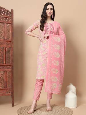  pink printed cotton kurta dupatta set 1