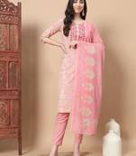  pink printed cotton kurta dupatta set