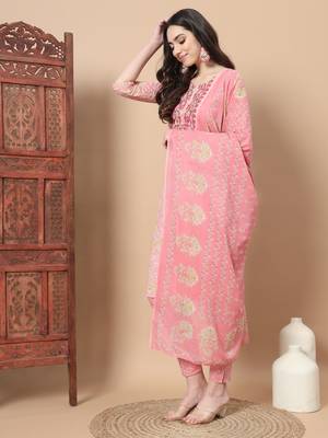  pink printed cotton kurta dupatta set 2