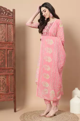  pink printed cotton kurta dupatta set