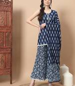  blue cotton sleeveless ikat print kurta dupatta set