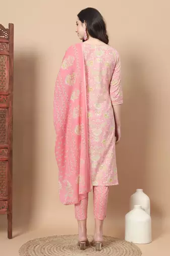  pink printed cotton kurta dupatta set