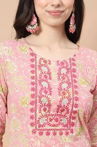  pink printed cotton kurta dupatta set