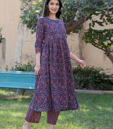 blue cotton printed gathered kurta set with front slit