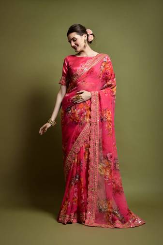   Dark Peach Soft Georgette Saree With Heavy Banglory Blouse