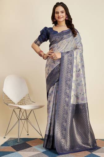 Grey Banarasi Weaving silk Saree & Banarasi silk blend Blouse