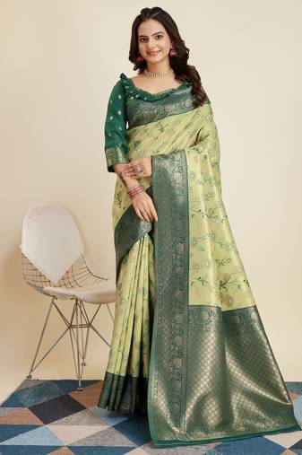 Olive Banarasi Weaving silk Saree & Banarasi silk blend Blouse