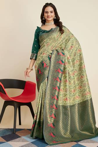 Olive Banarasi Weaving silk Saree & Banarasi silk blend Blouse