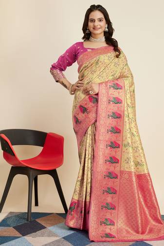 Cream Banarasi Weaving silk Saree & Banarasi silk blend Blouse