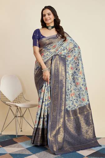 Grey Banarasi Weaving silk Saree & Banarasi silk blend Blouse