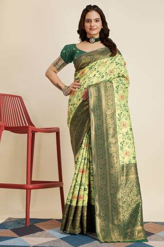 Olive Banarasi Weaving silk Saree & Banarasi silk blend Blouse