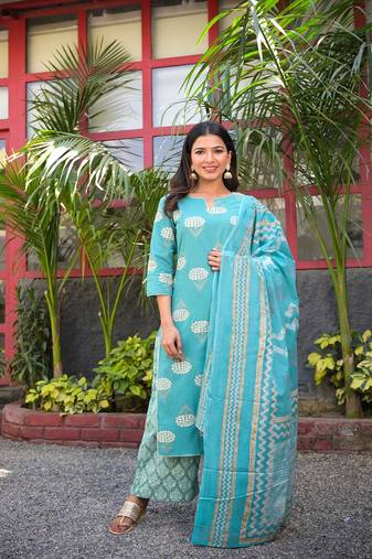 women blue & off-white printed kurta with palazzos & dupatta
