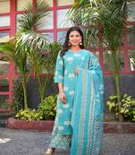 women blue & off-white printed kurta with palazzos & dupatta