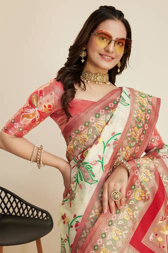 Cream Banarasi Weaving silk Saree & Banarasi silk blend Blouse