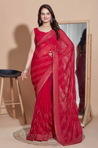   Red Zomato Silk Blend Saree & Zomato Silk Blouse